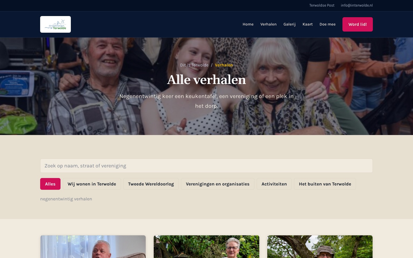 Verhalenoverzicht met zoeken en thema's